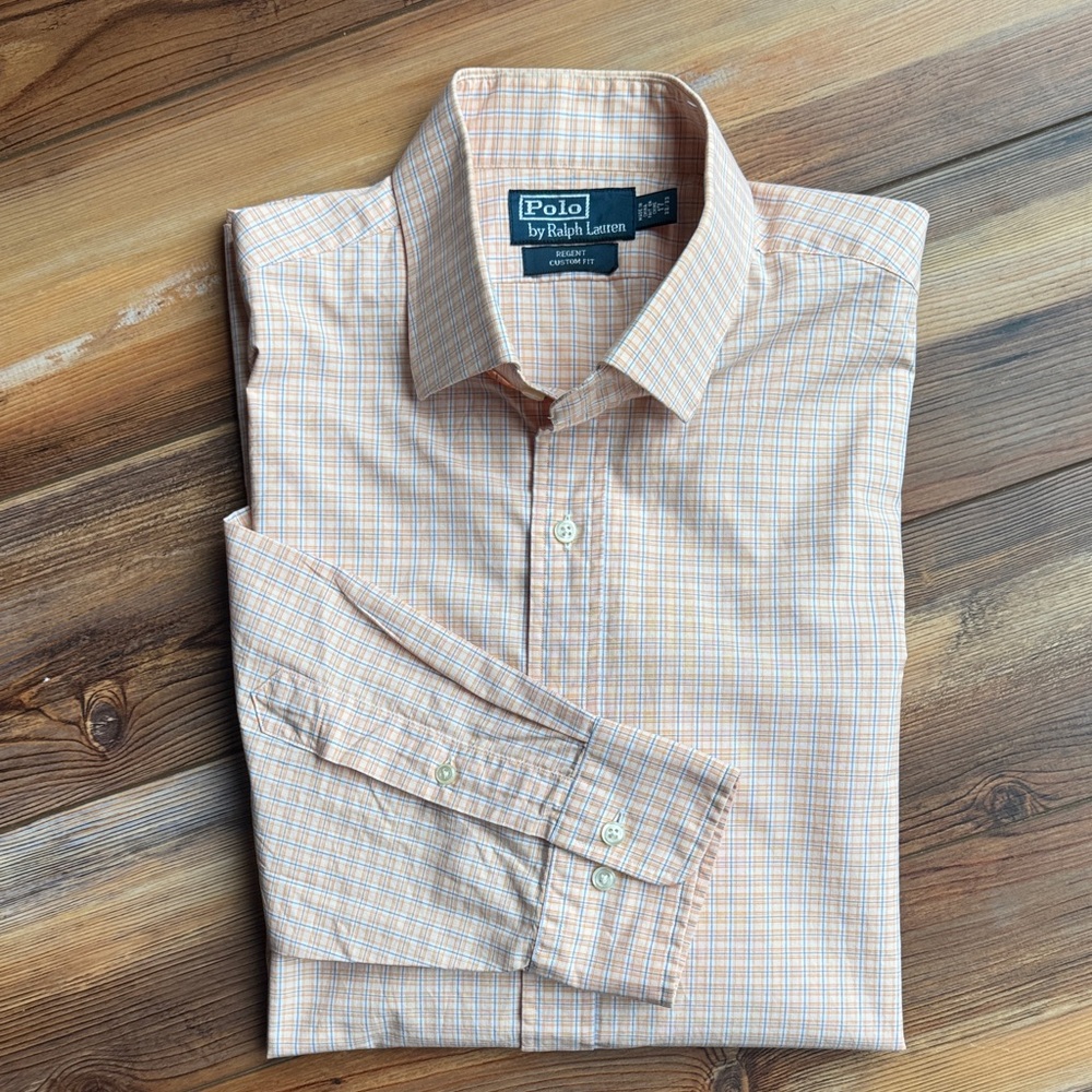 Polo Ralph Lauren Regent Custom Fit Dress Shirt 17 32/33 Orange Blue Check